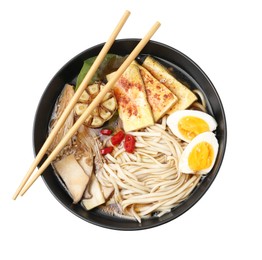 Photo of Tasty ramen with enoki and king oyster (eryngii) mushrooms in bowl isolated on white, top view