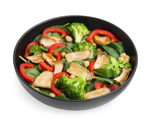 Photo of Tasty salad with eryngium mushrooms, chickpeas, vegetables and spinach in bowl isolated on white