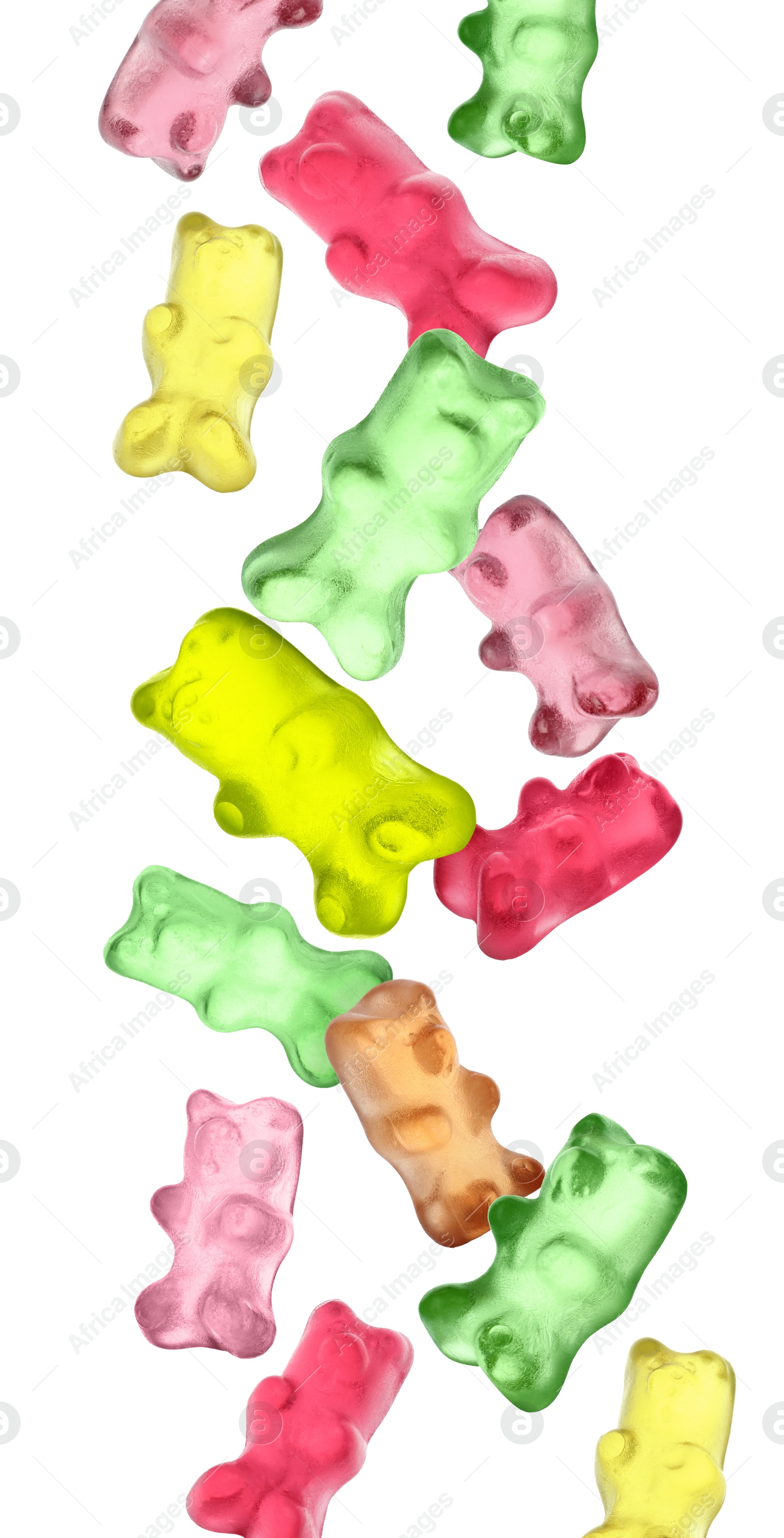 Sweet jelly candies in shape of bear falling against white background Image of Sweet jelly candies in shape of bear falling against white background