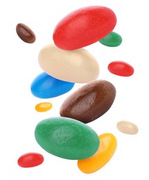 Image of Sweet jelly beans falling against white background