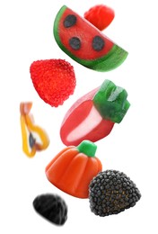 Image of Sweet jelly candies falling against white background