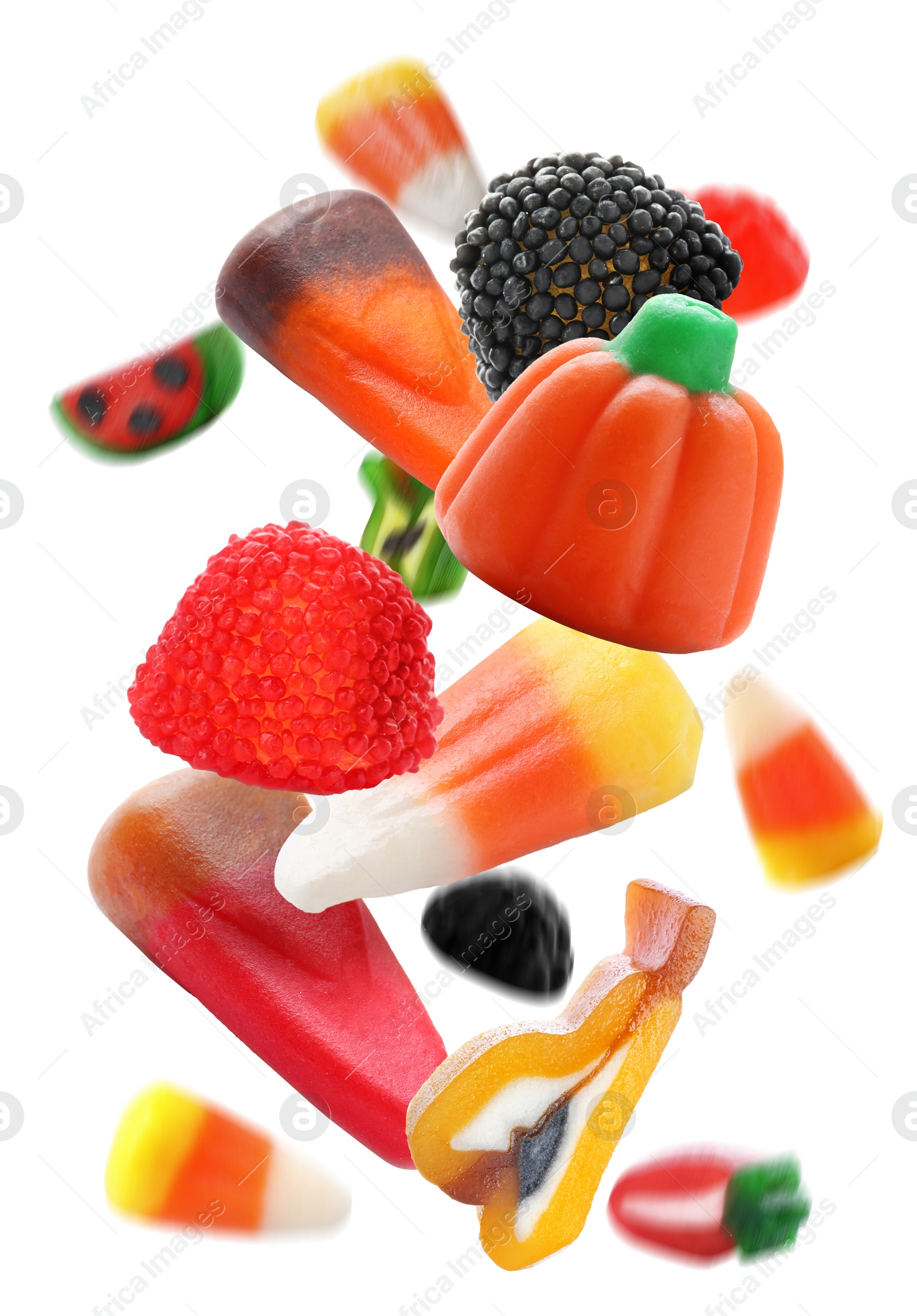 Image of Sweet jelly candies falling against white background
