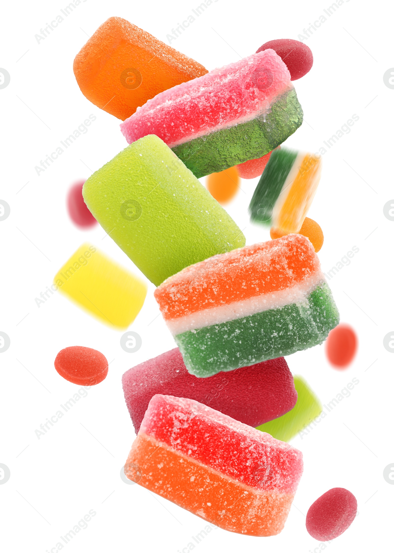 Image of Sweet jelly candies falling against white background