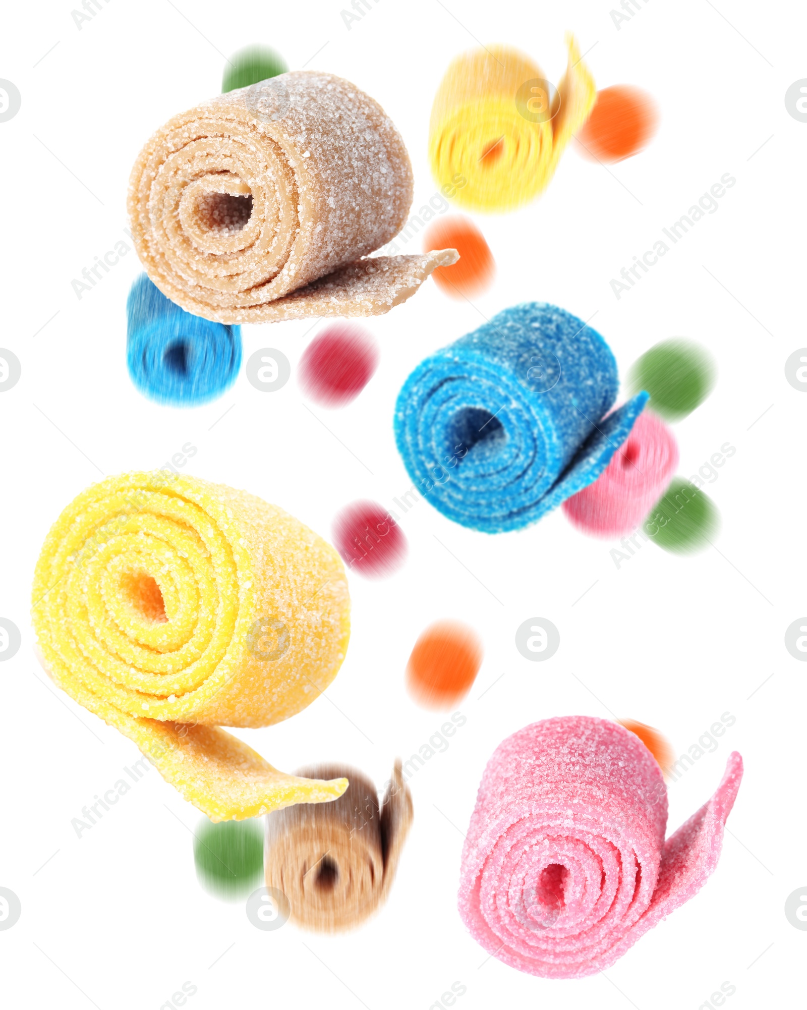 Sweet jelly candies falling against white background Image of Sweet jelly candies falling against white background