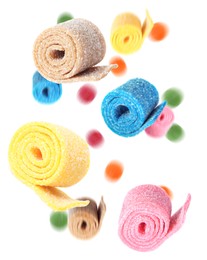 Image of Sweet jelly candies falling against white background