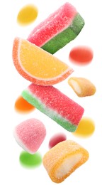Image of Sweet jelly candies falling against pink background
