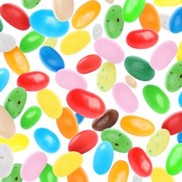 Image of Pattern of sweet jelly beans on white background