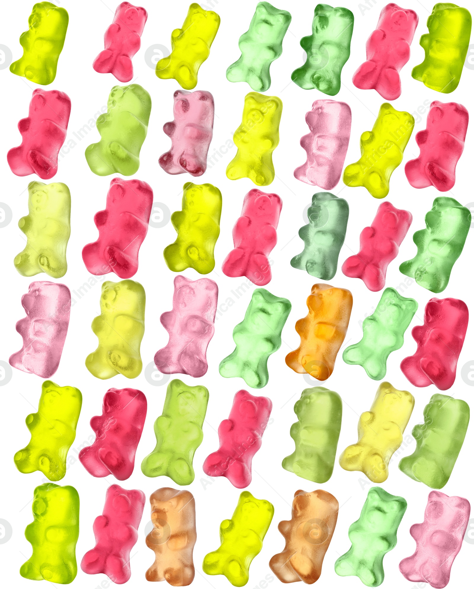 Image of Pattern of sweet gummy bears on white background. Jelly candies
