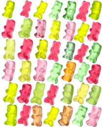 Image of Pattern of sweet gummy bears on white background. Jelly candies
