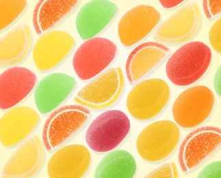 Image of Pattern of sweet jelly candies on beige background
