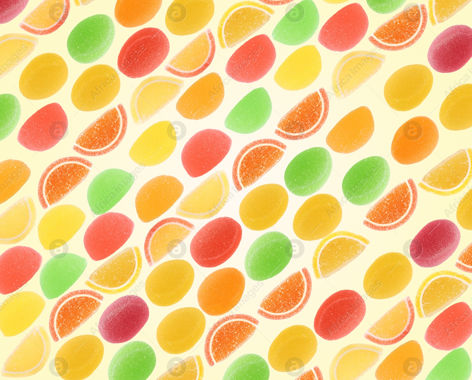Image of Pattern of sweet jelly candies on beige background