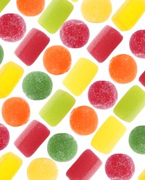 Image of Pattern of sweet jelly candies on white background