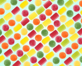 Image of Pattern of sweet jelly candies on light blue background