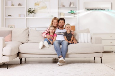 Image of Happy family with children at home. Air conditioner keeping comfortable temperature in room