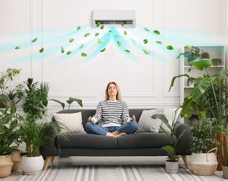 Image of Woman meditating on sofa surrounded by potted houseplants at home. Air conditioner keeping comfortable temperature in room
