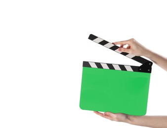 Image of Woman holding green clapperboard on white background, closeup with space for text. Film industry