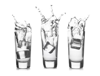 Image of Vodka in shot glasses with ice cubes isolated on white, set