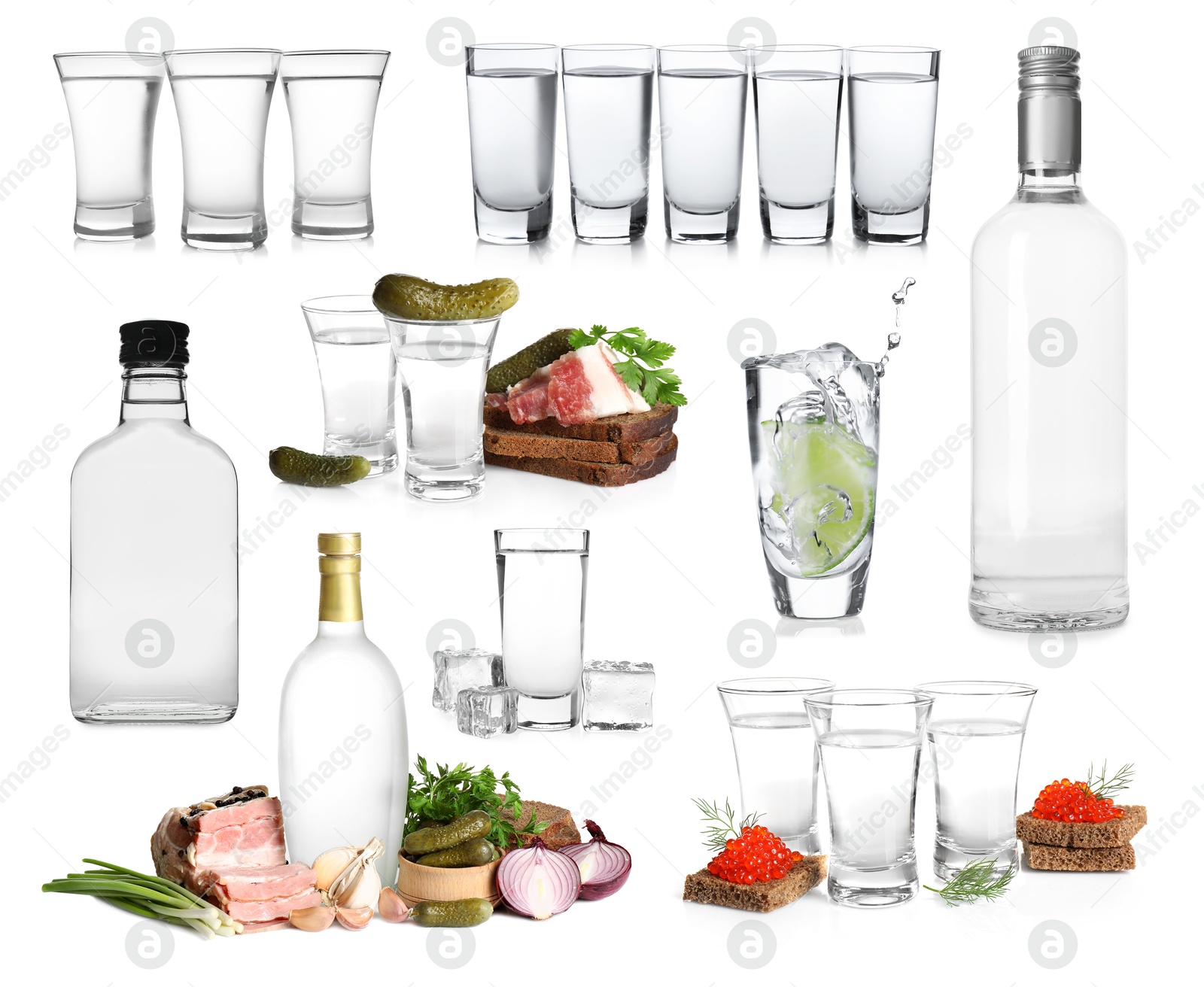 Image of Set with vodka and appetizers isolated on white