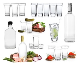 Image of Set with vodka and appetizers isolated on white
