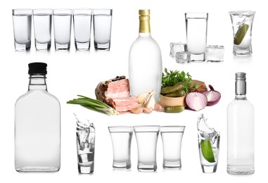 Image of Set with vodka and appetizers isolated on white