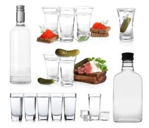 Image of Set with vodka and appetizers isolated on white