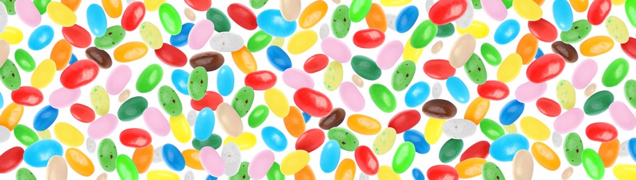 Image of Jelly beans falling against white background, banner design