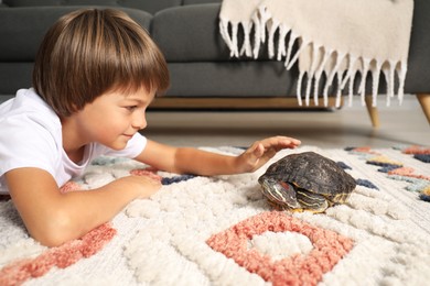 Photo of Little boy stroking his turtle on floor at home. Domestic pet