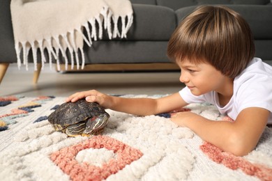 Photo of Little boy stroking his turtle on floor at home. Domestic pet
