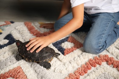 Photo of Little boy stroking his turtle on floor at home, closeup. Domestic pet