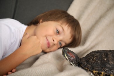 Photo of Little boy and cute turtle on sofa, closeup. Domestic pet