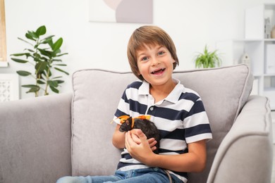 Photo of Dreams come true. Happy boy with pet rat on armchair at home
