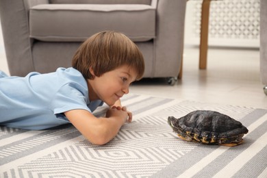 Photo of Little boy and his cute turtle on floor at home. Domestic pet