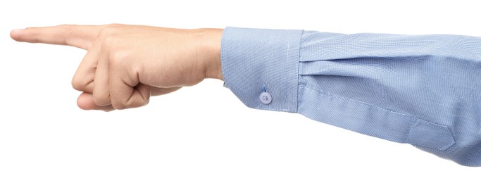Photo of Man touching something on white background, closeup