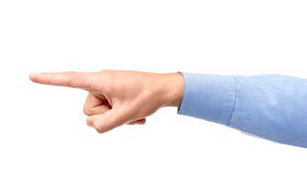 Photo of Man touching something on white background, closeup