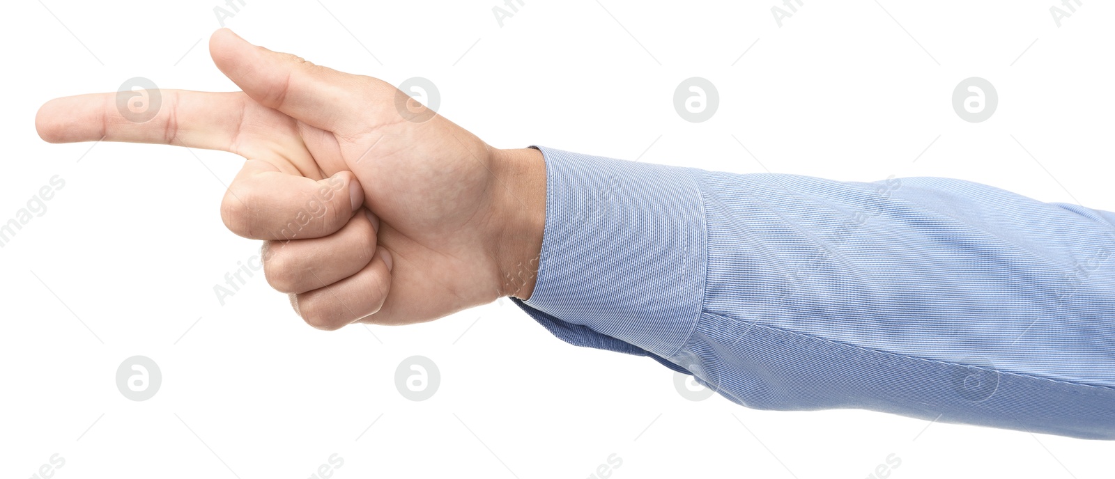 Photo of Man touching something on white background, closeup