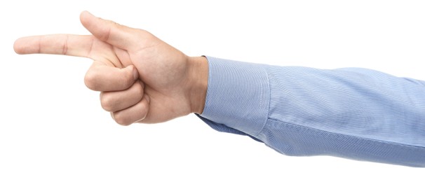 Photo of Man touching something on white background, closeup