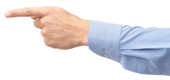 Photo of Man touching something on white background, closeup