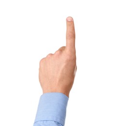 Photo of Man touching something on white background, closeup