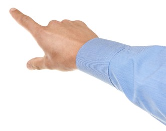 Photo of Man touching something on white background, closeup