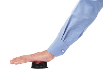 Photo of Man pressing button on white background, closeup