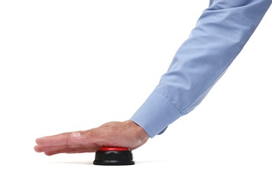 Photo of Man pressing button on white background, closeup