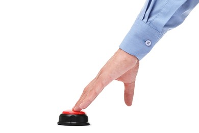 Photo of Man pressing button on white background, closeup