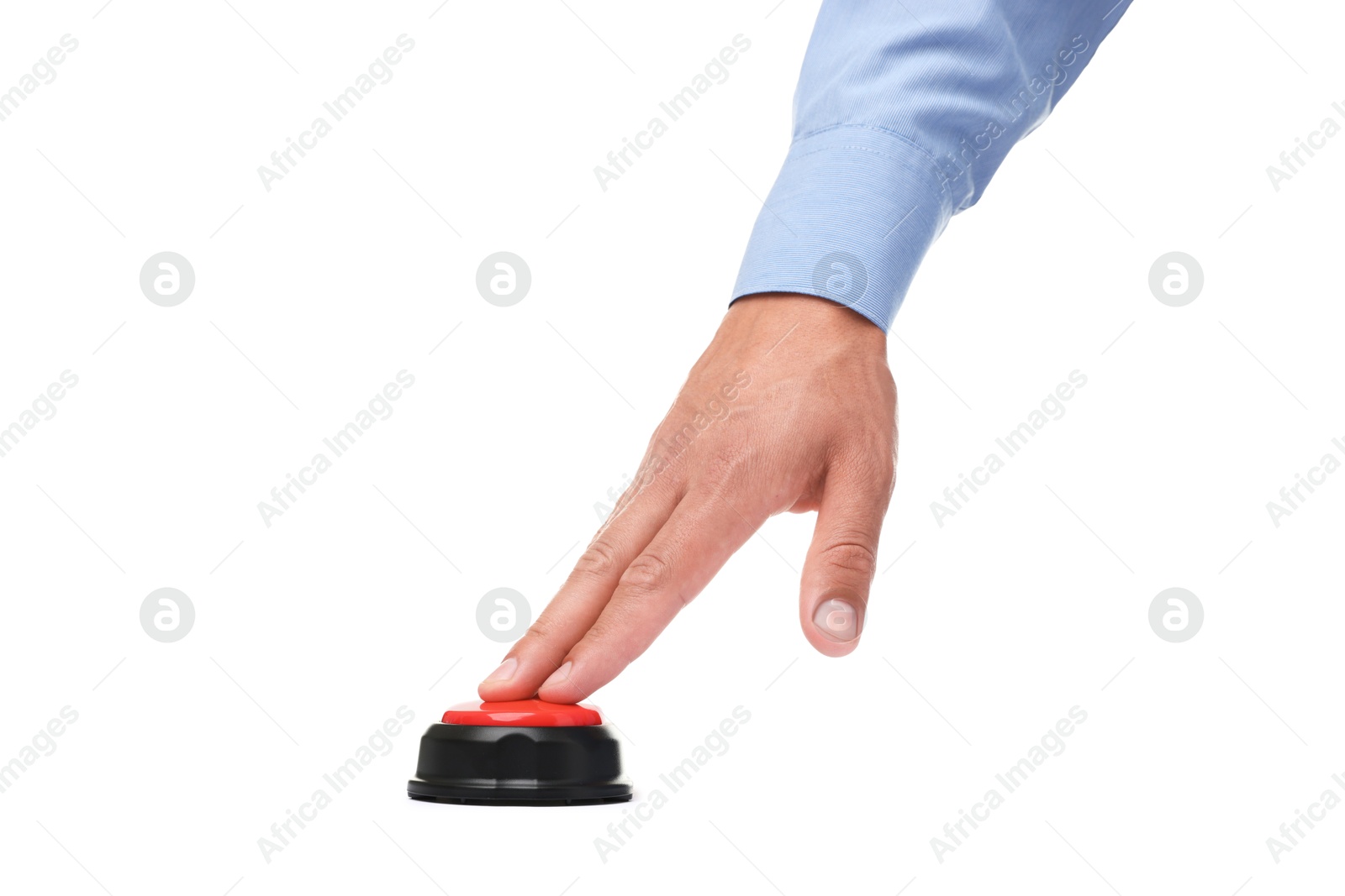 Man pressing button on white background, closeup Photo of Man pressing button on white background, closeup