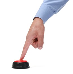Photo of Man pressing button on white background, closeup