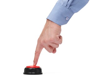Photo of Man pressing button on white background, closeup