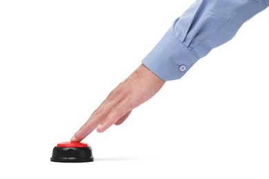 Photo of Man pressing button on white background, closeup