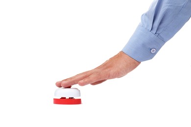 Photo of Man pressing button on white background, closeup