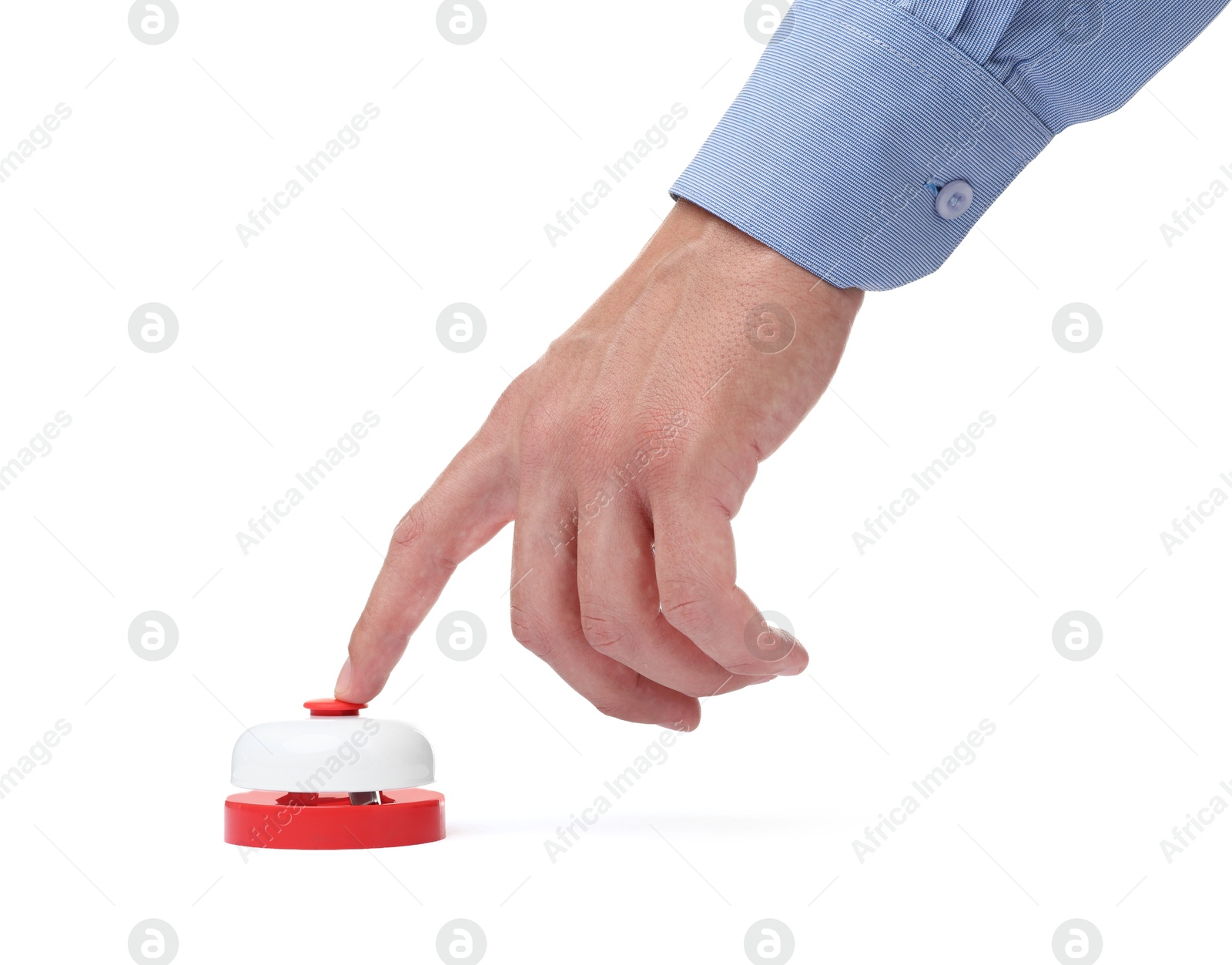 Photo of Man pressing button on white background, closeup