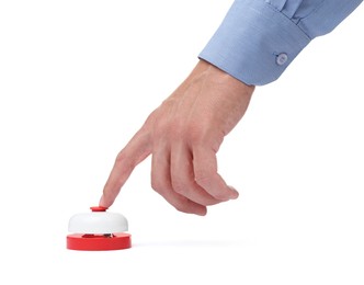 Photo of Man pressing button on white background, closeup