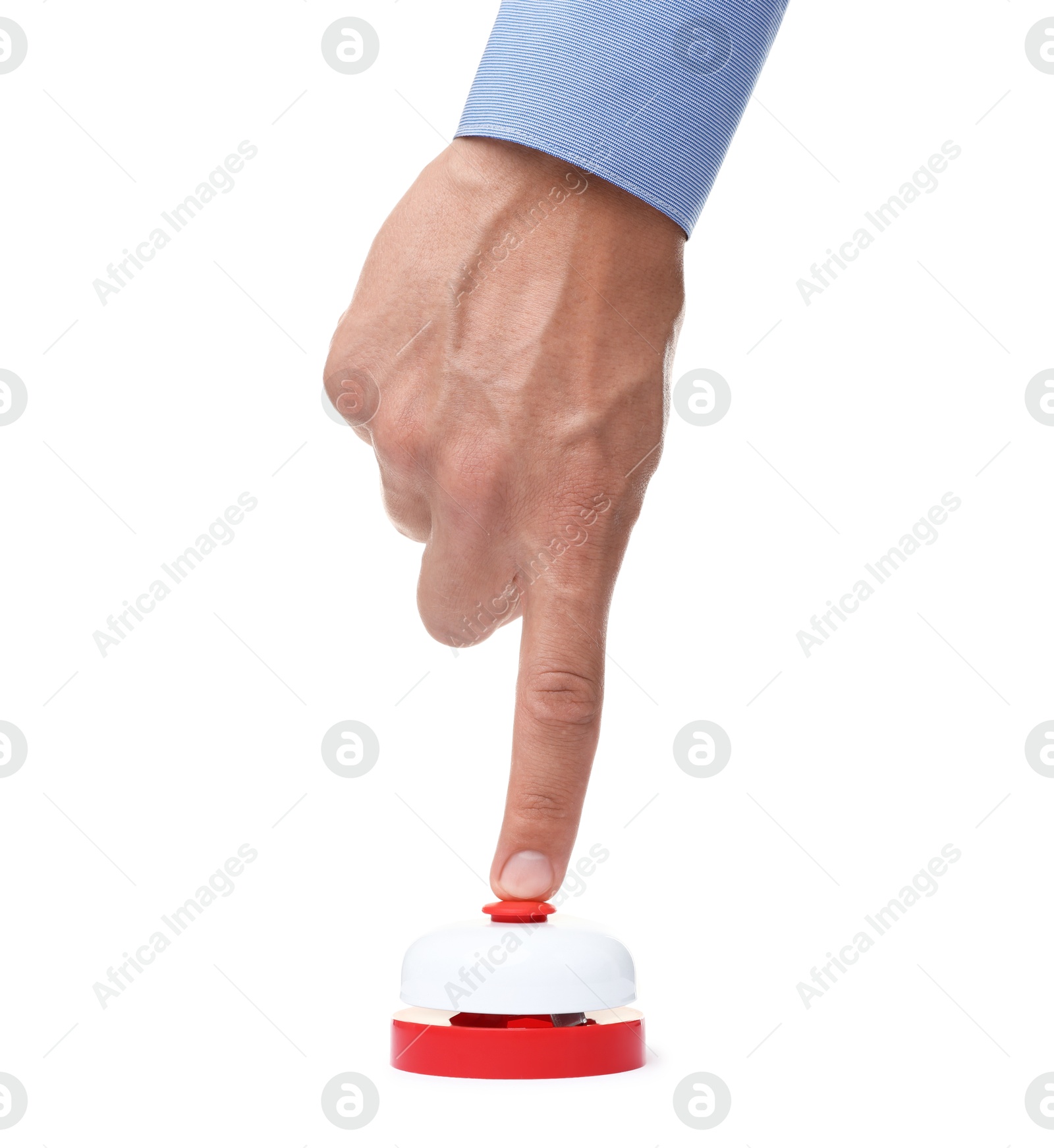 Photo of Man pressing button on white background, closeup